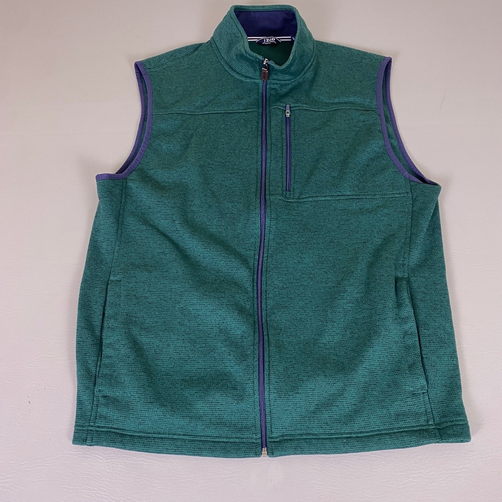 IZOD Fleece Vest Men's Large Green Heathered Full Zip Lined Mock Neck Pockets